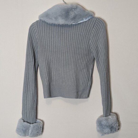 Women's MISSGUIDED, Short Cropped Blue Button Cardigan Sweater, Faux Fur; Size 6 - Picture 2 of 5